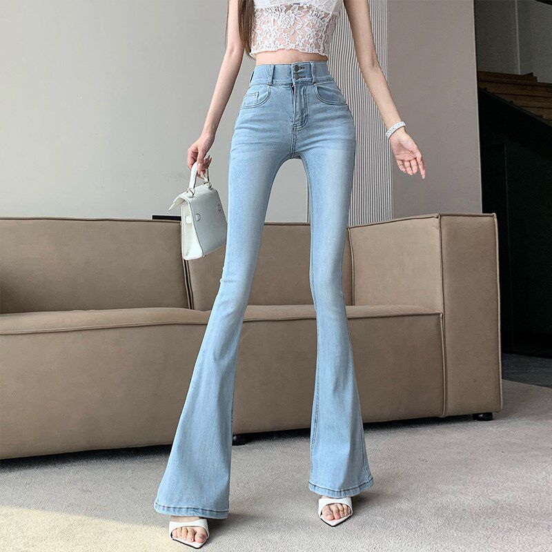 新品丰胯微喇叭牛仔裤女春夏季浅色高腰弹力修身显U瘦提臀马蹄裤