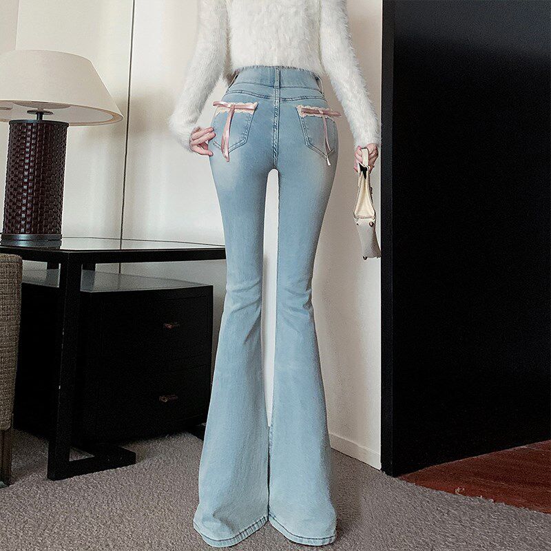 新品韩系掐腰丰胯翘臀微喇牛仔z裤女高腰弹力修身显瘦提臀紧身喇