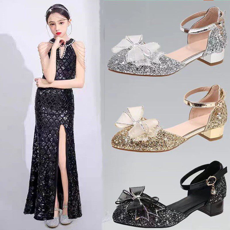 新品女童皮鞋公j主走秀钢琴演出礼服鞋中大童水晶鞋女儿童包头高