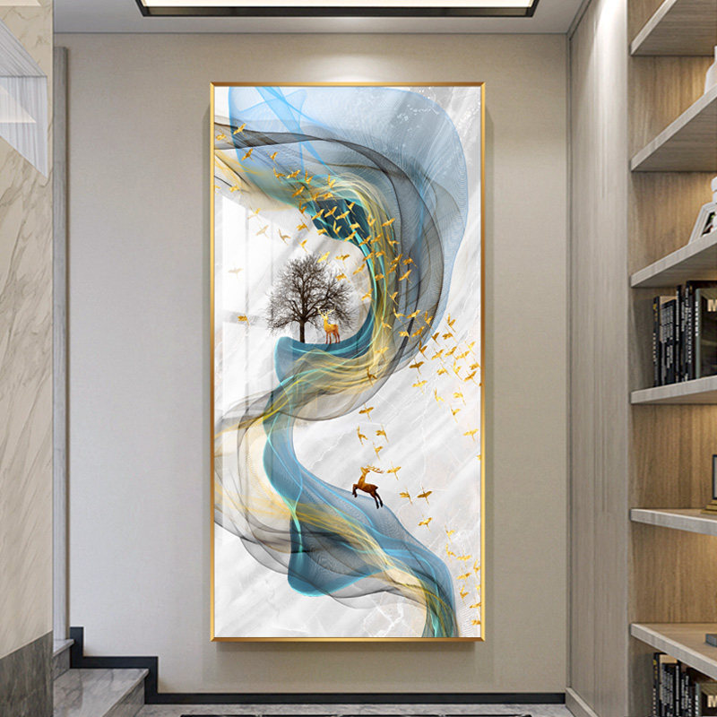 极速晶瓷画镶钻现代简约装饰画招财麋鹿进门生财S玄关过道挂画走