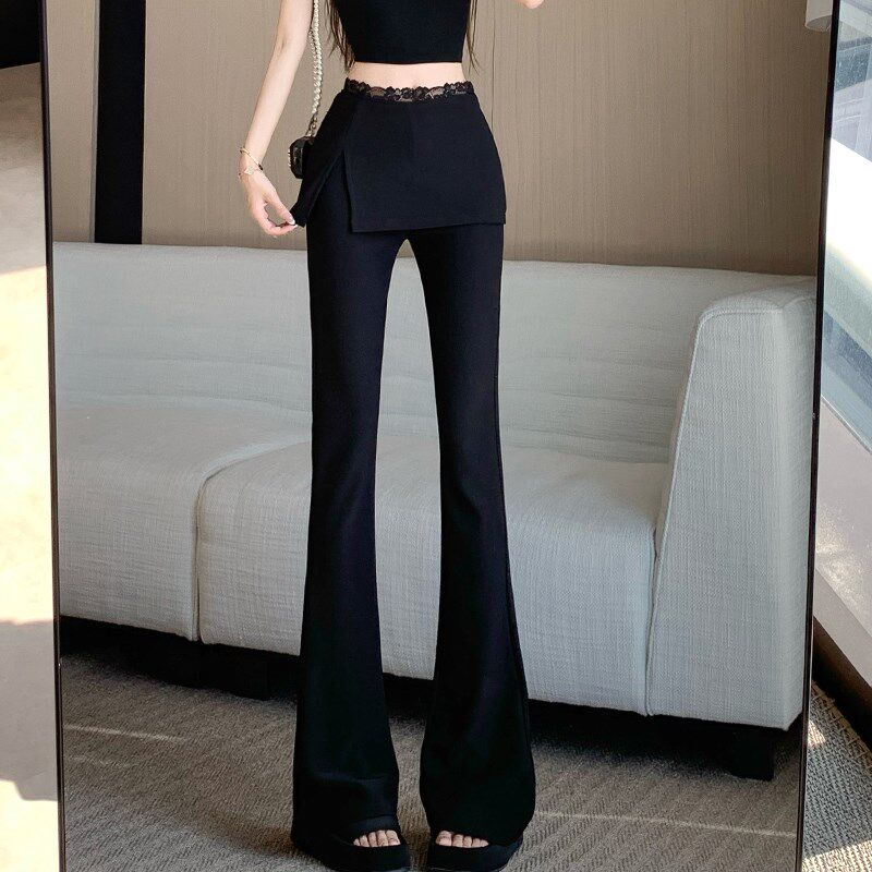新品蕾丝拼c接假两件屁帘微喇休闲裙裤女春季高腰显瘦黑色西装喇