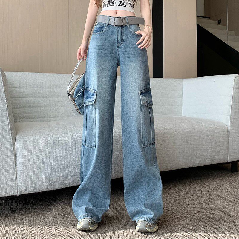 新品美式复古g阔腿工装牛仔裤女春季高腰宽松直筒裤加长版高个子