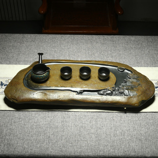 歙砚原石茶盘砚台石头茶台天然家用轻奢石盘金皮办U公室乌金石茶