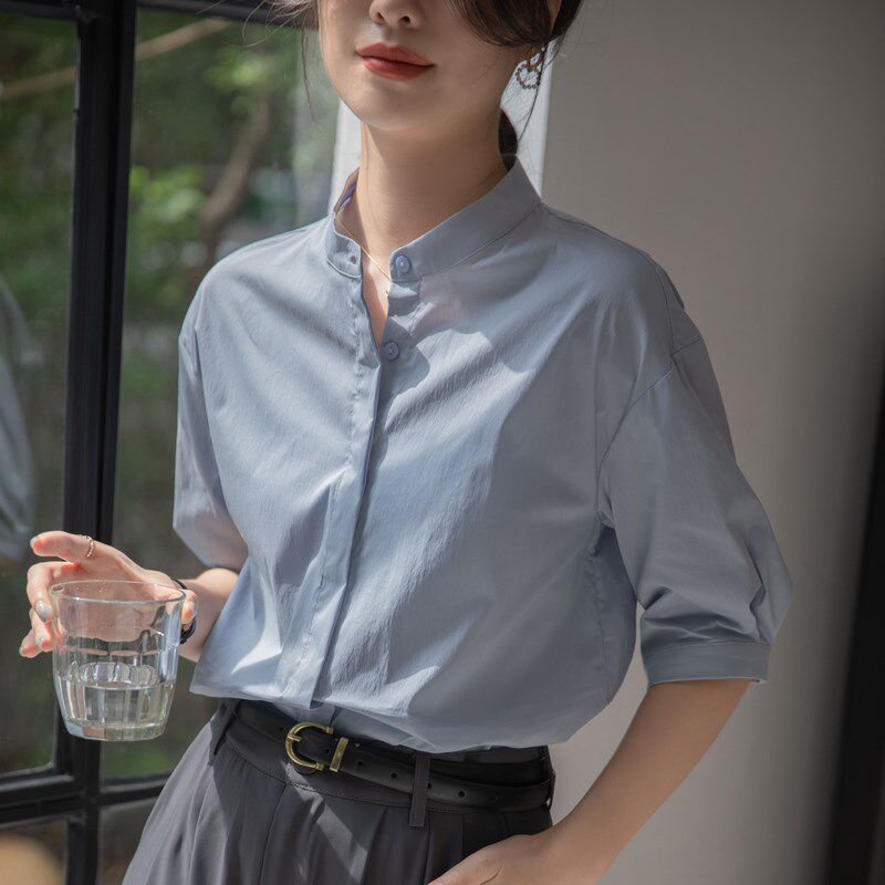 新品灰蓝色衬衫女中袖夏款职场通勤职业正K装公务员教资面试穿搭
