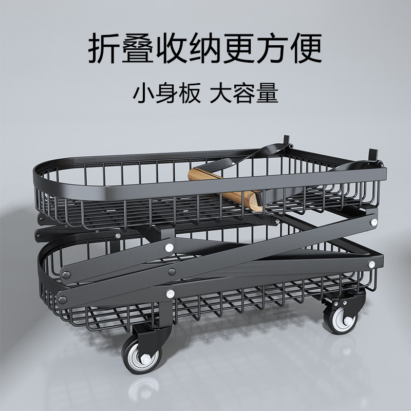 家用收纳手推车双层折叠式置物架厨房蔬菜篮子可移动多功能小推车