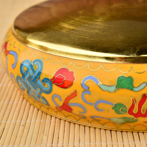 藏式景泰蓝曼扎紫铜胎摆件中号黄色八吉祥曼扎盘曼达盘带托盘一套
