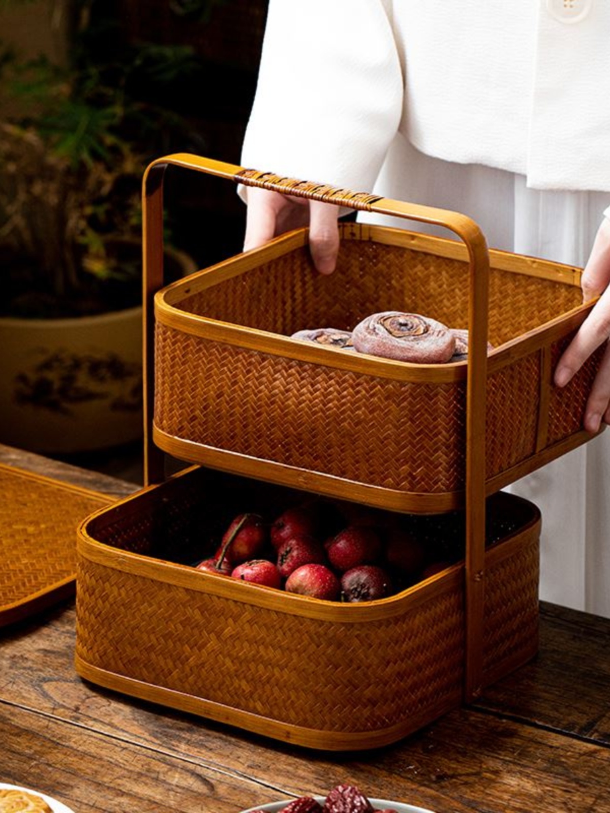复古竹编食盒多层提篮茶具收纳盒手提仿古礼品分食盒带盖提盒家用