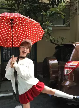 红色波点雨伞复古港风高颜值