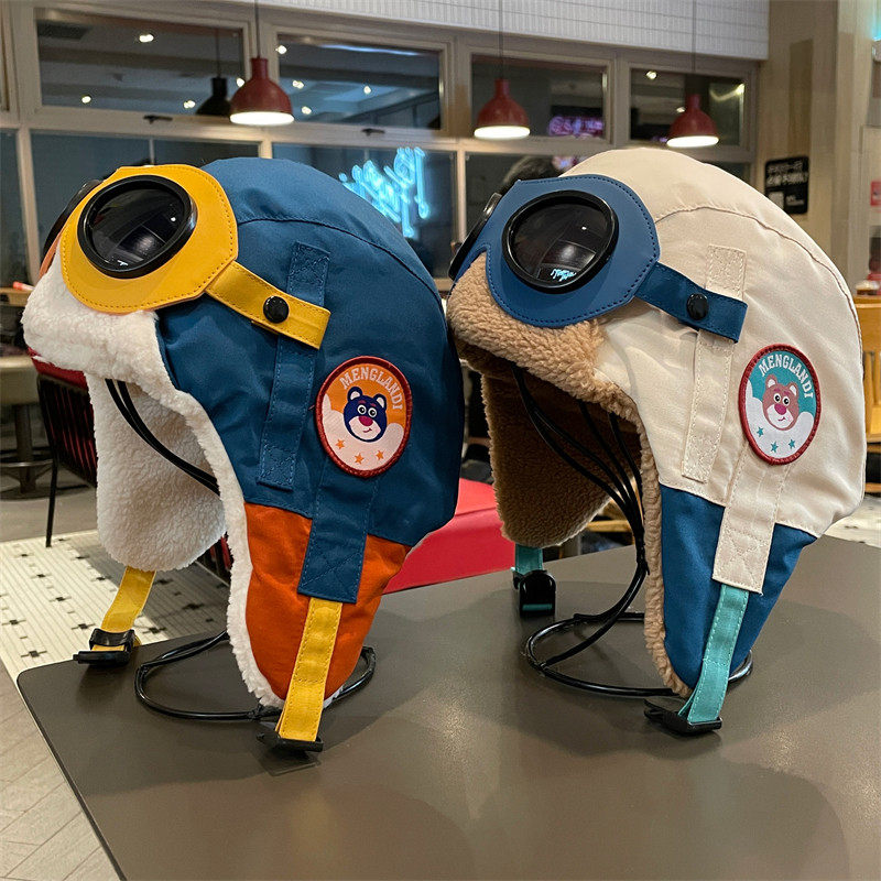 英国DHWA儿童滑雪帽带护目镜秋冬季防风防寒男女童雷锋帽飞行员帽