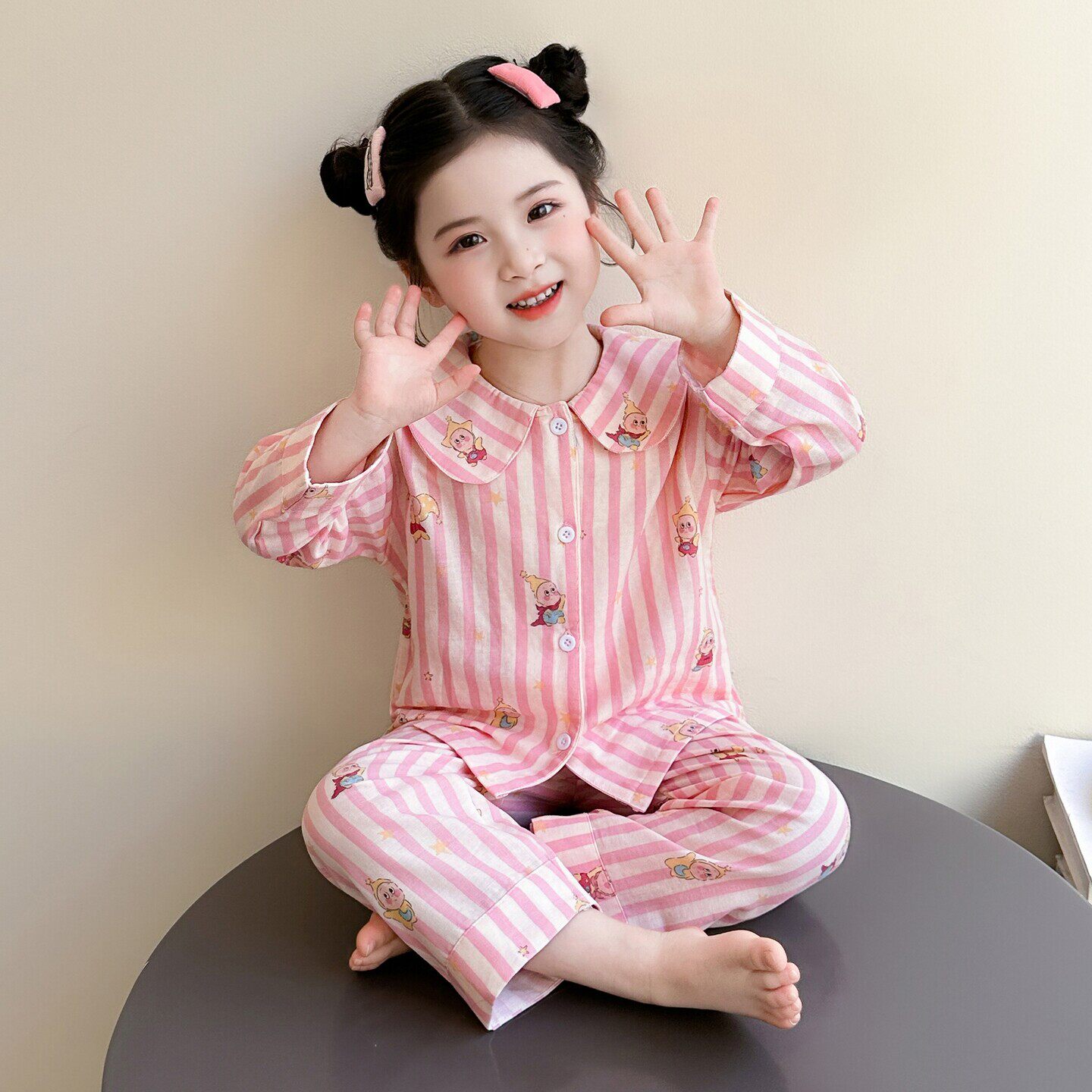 法国BERYDIA女童睡衣纯棉a类春秋款纱布长袖空调服套装儿童家居服