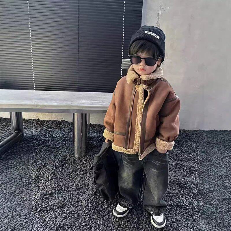 英国 Jylj男童外套2024秋冬新款儿童洋气皮毛一体羊羔绒上衣夹克