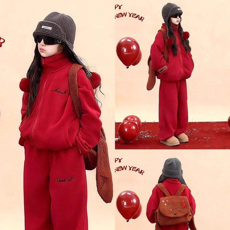英国DGKP2025秋冬季新款本命年儿童加绒卫衣套装女童红色过年衣服