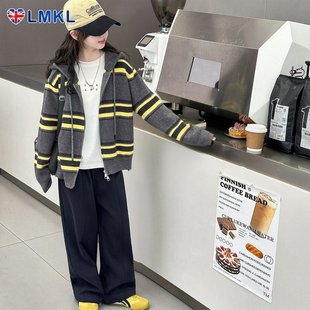 英国LMKL女童条纹毛衣秋冬装中大童连帽针织开衫韩版加厚外套洋气