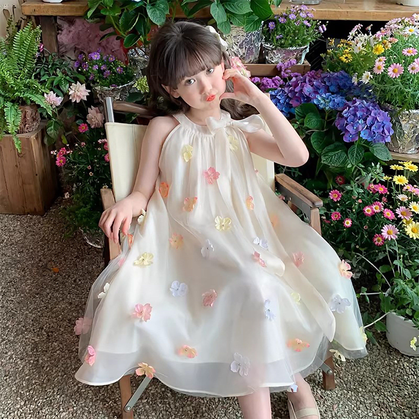 法国Uamtor白色连衣裙女童2026夏季新款儿童女挂脖碎花裙好看裙子