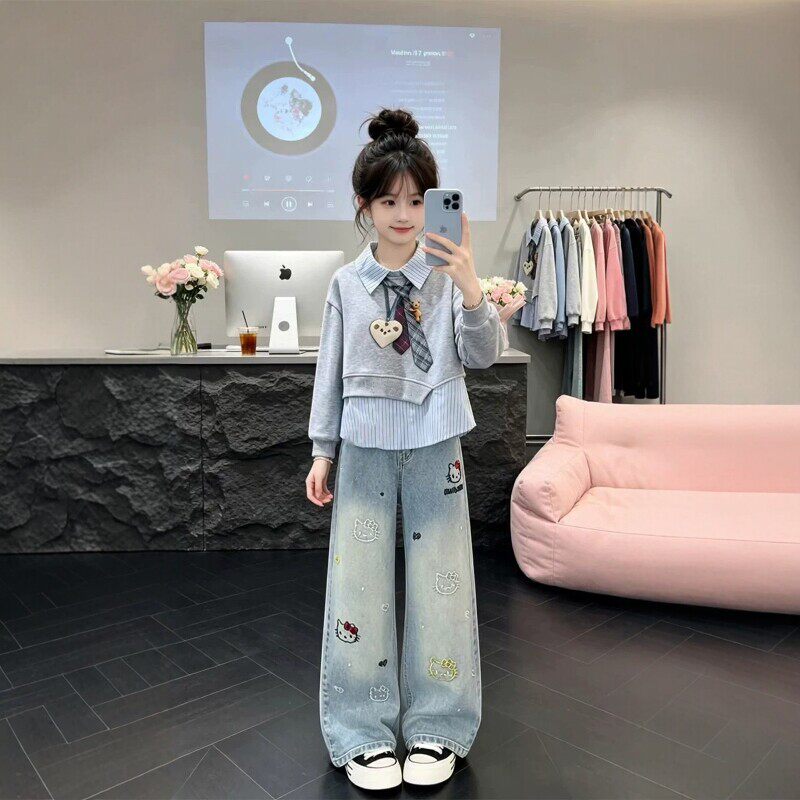 法国BERYDIA女童秋季洋气两件套2026新大童假两件卫衣时髦牛仔裤