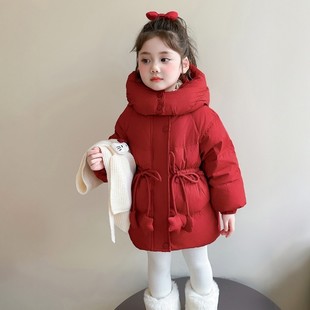 法国BADNUT女童羽绒服冬装2025新款儿童红色中长款宝宝收腰外套暖