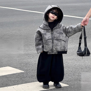 法国Uamtor男童套装羊羔毛外套裤子2025新款秋装加绒冬儿童休闲装