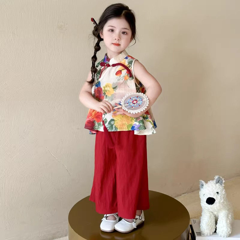英国DHWA汉服女童国风无袖套装夏季古装小女孩中式背心马甲两件套