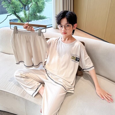 NEXT VLONE男童莫代尔睡衣夏季三件套儿童短袖家居服白色夏空调服