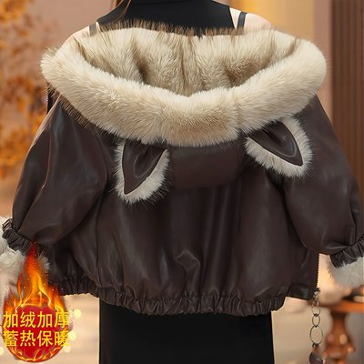 DGKP女童加绒皮衣派克服秋冬2025新款卡通免洗双面穿棉服毛毛大衣