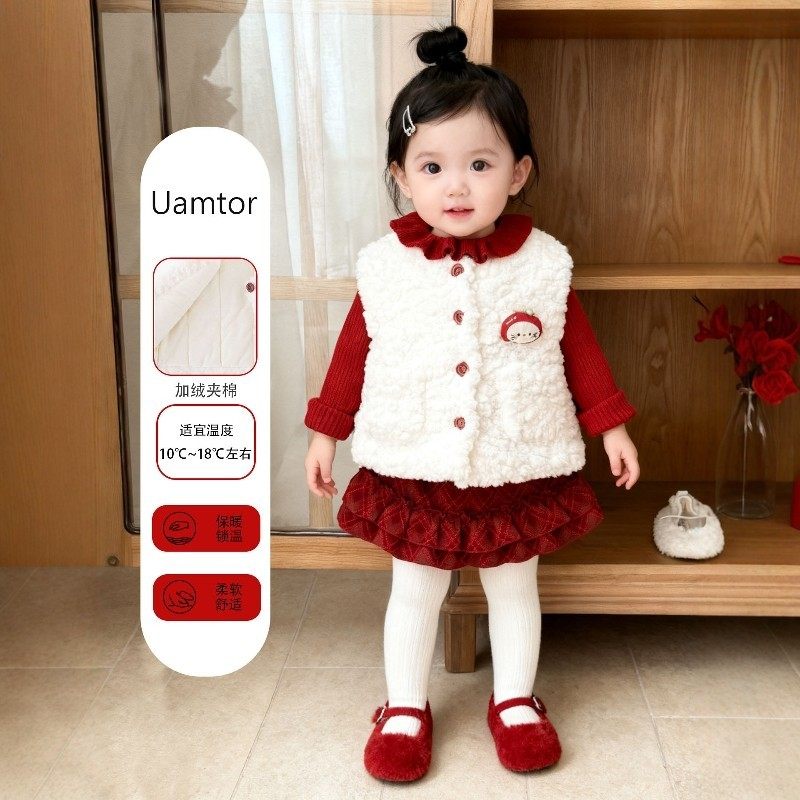 韩国Uamtor婴儿冬季衣服女童连衣裙拜年服新年马甲套装裙周岁礼服