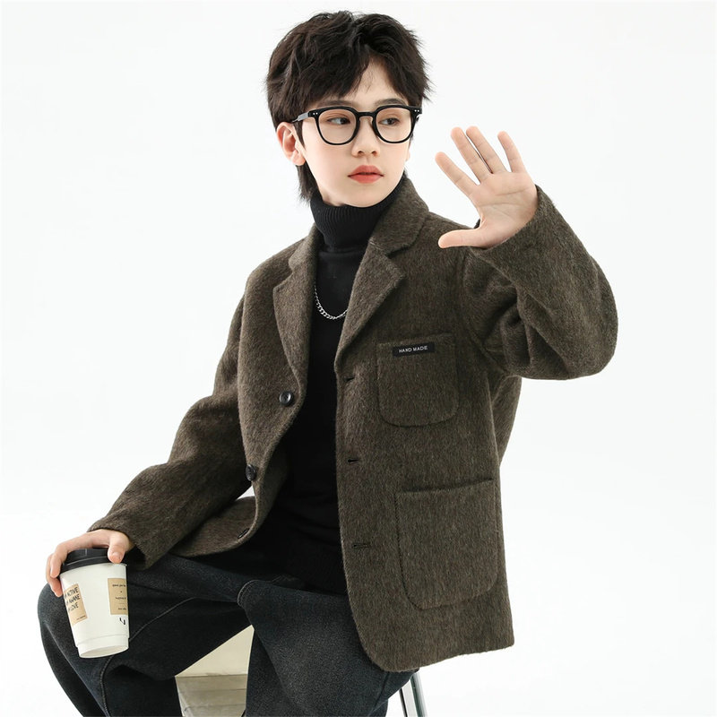 韩国Uamtor男童外套秋冬新款双面绵羊毛小西装中大童短款毛呢大衣