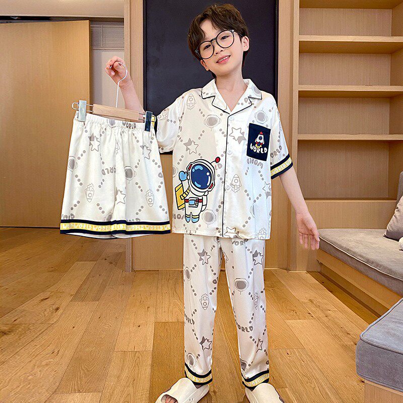 netx Kiss儿童睡衣男童夏季薄款新款中大童冰丝短袖家居服三件套