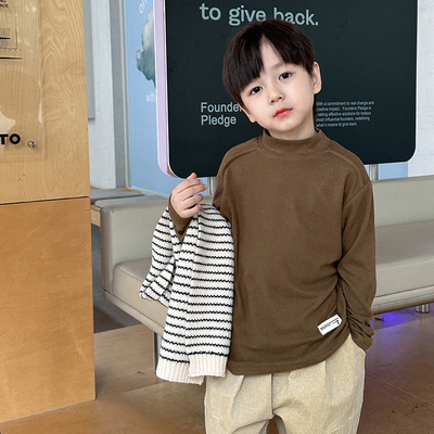 韩国Uamtor儿童打底衫黑色百搭秋冬款男童半高领内搭纯棉德绒上衣