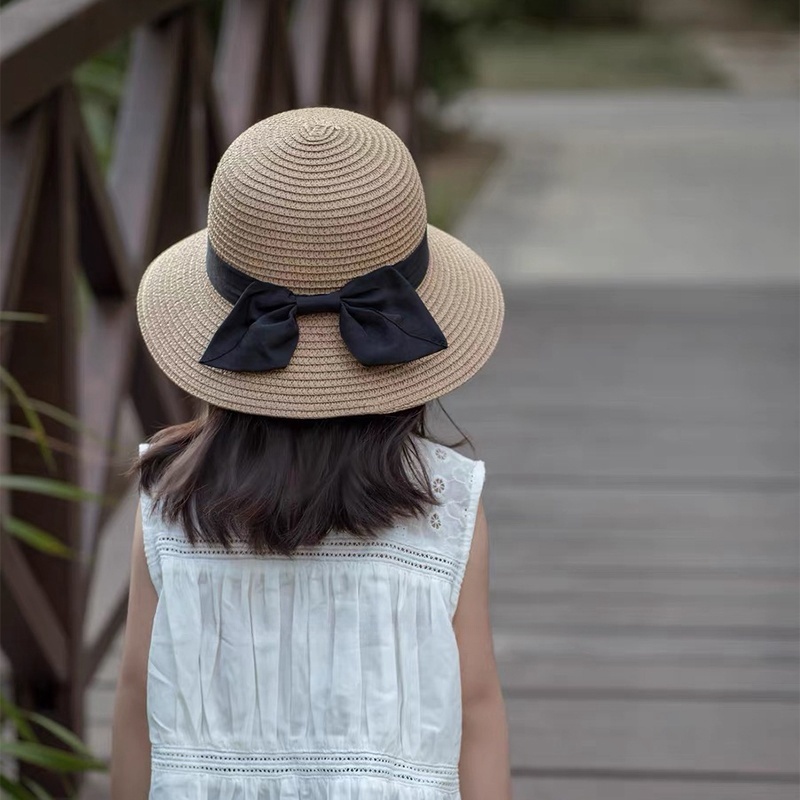 英国netx Kiss儿童草帽春秋亲子遮阳防晒沙滩帽蝴蝶结公主大檐帽