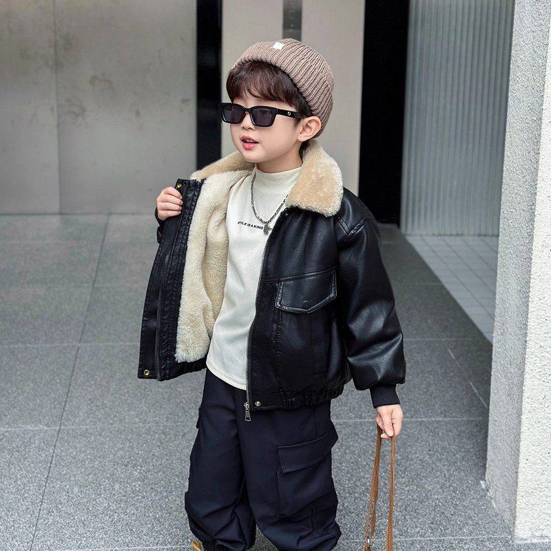 法国Uamtor男童加绒皮衣外套2025秋冬季新款儿童加厚夹克工装裤子