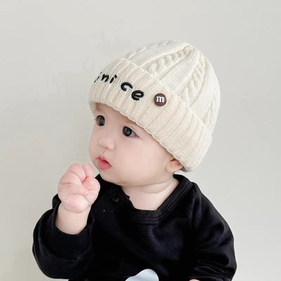 韩国Uamtor婴儿帽子秋冬季洋气字母百搭小月龄套头针织保暖毛线帽