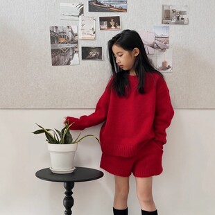 法国BADNUT女童红色套装秋冬2025新款大童儿童毛衣短裤两件套