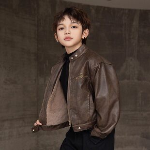 TTIT男童皮衣秋冬款儿童装外套新款中大童酷帅气皮毛一体上衣秋装