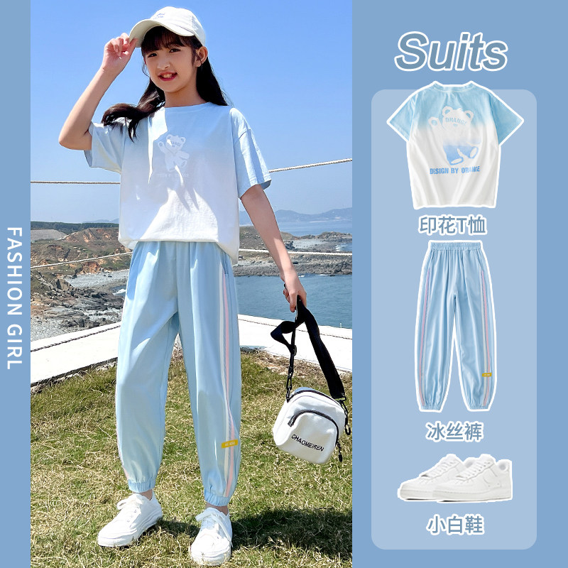 韩国Uamtor女童套装夏季新款儿童运动网红短袖T恤时髦洋气两件套