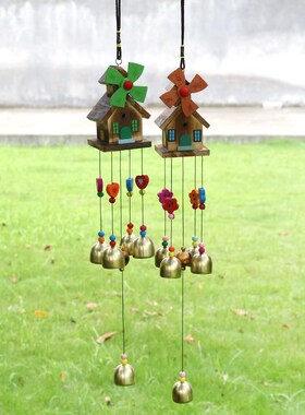 新木质风屋风头多管铃铛七色风车小房G子挂门饰家居木制礼品定制