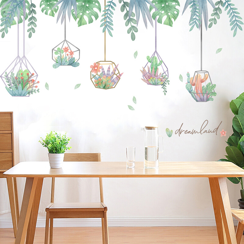 小清新植物吊篮装饰品墙面贴画自粘客厅儿童房间背景墙贴自粘墙纸图片