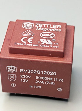 全新赛特勒ZETTLER密封变压器12V输出2W输入230V交流BV302S12020