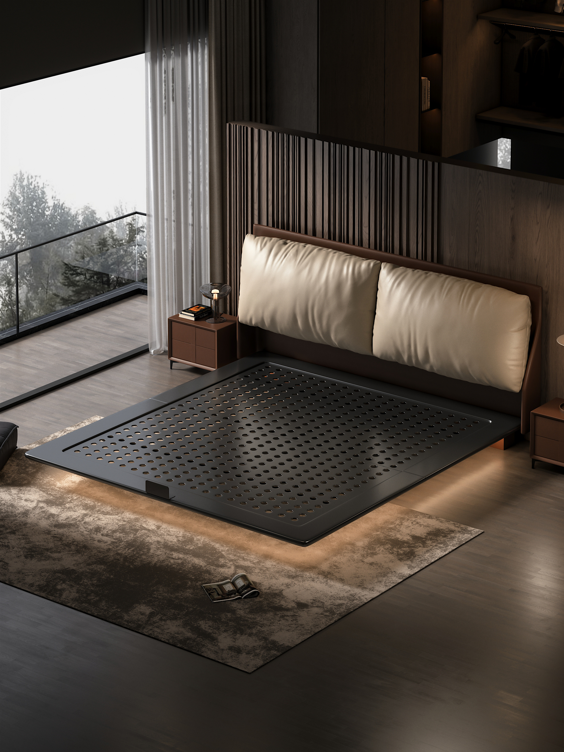 意式轻奢极简铁艺碳素钢铁架床悬浮双人床真皮头层牛皮主卧婚OH