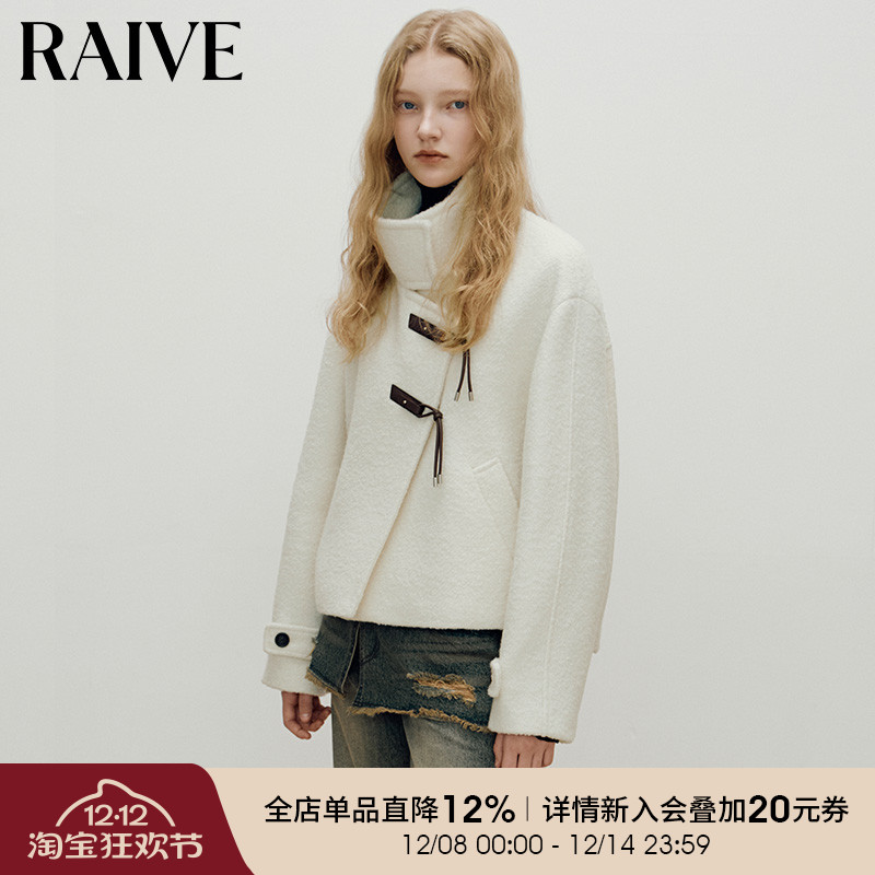 RAIVE皮革扣复古毛呢外套