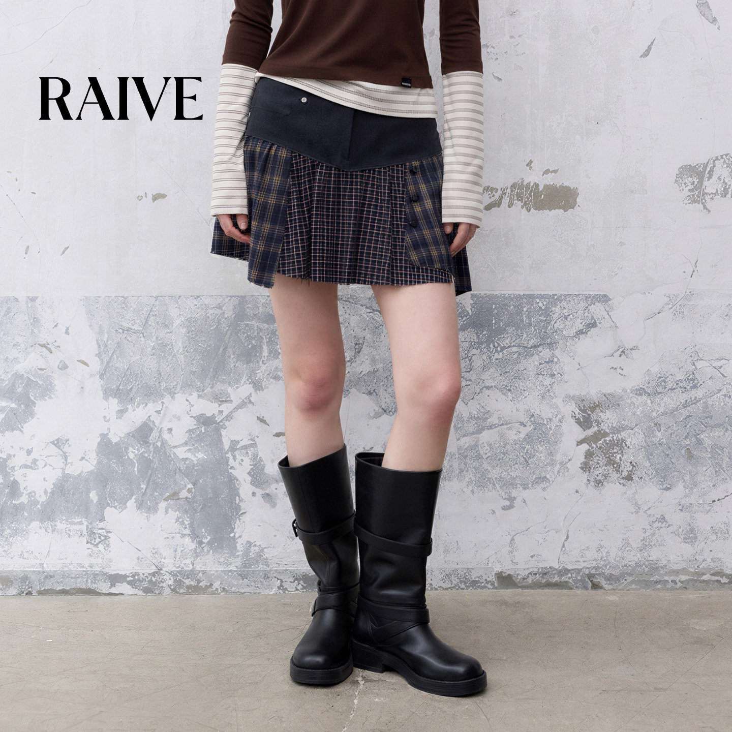 RAIVE2026秋冬新款韩系女裙子百褶短裙格纹拼接A字裙学院风半身裙
