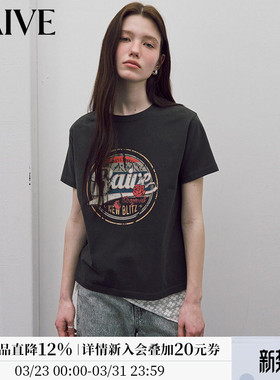 RAIVE2026春季女印花蓝色灰色复古圆领花卉图案宽松短袖T恤