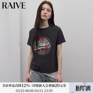 RAIVE2026春季 T恤 女印花蓝色灰色复古圆领花卉图案宽松短袖