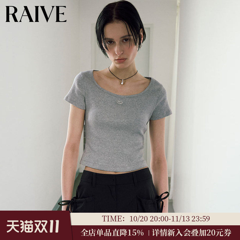 RAIVE夏季女短袖修身领口包边设计短款金属logo大方领T恤