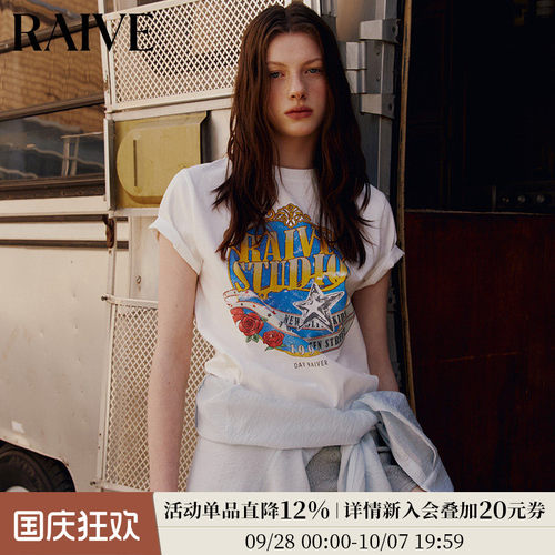 RAIVE撞色印花玫瑰花卉宽松T恤