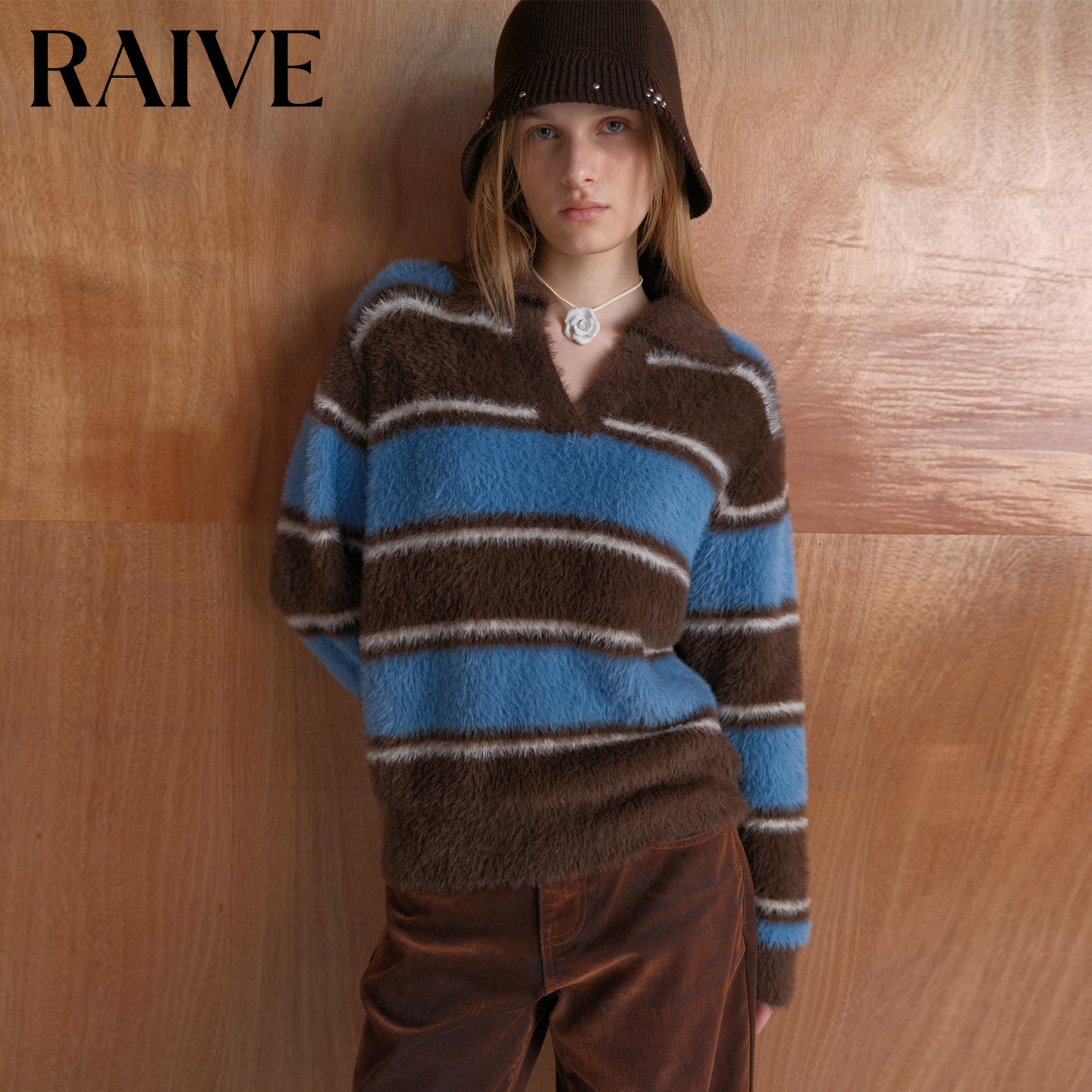 RAIVE韩系复古条纹套头毛针织衫