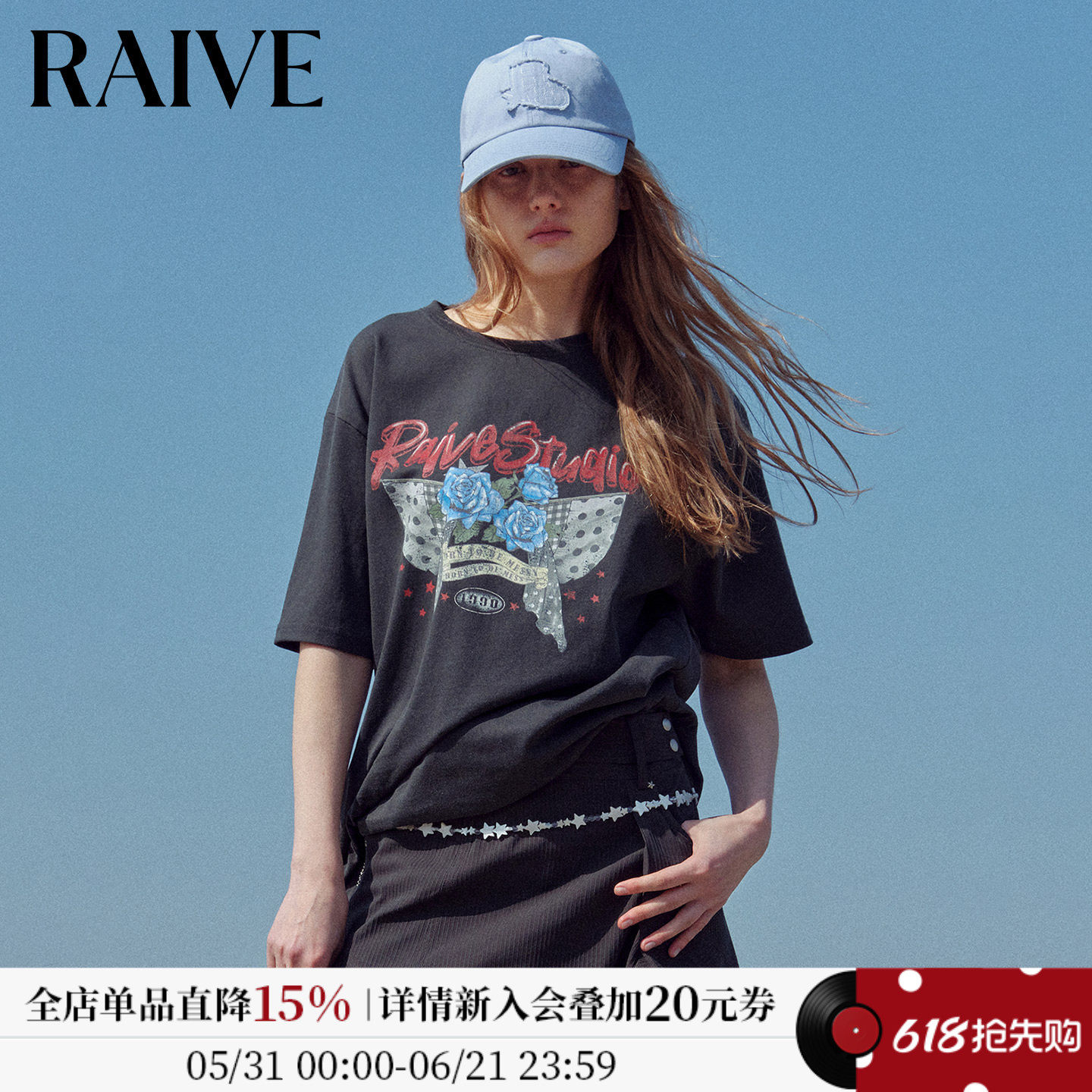 RAIVE波点飘带玫瑰印花短袖T恤