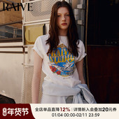 复古玫瑰印花韩系女宽松短袖 新款 明星同款 RAIVE音浪T恤2025夏季
