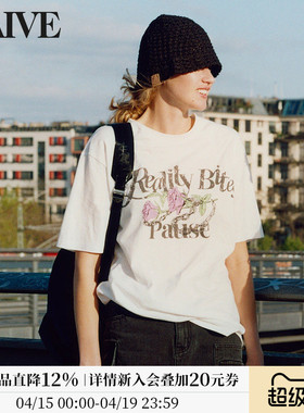 [明星同款]RAIVE玫瑰T恤2026春季宽松女印花做旧复古灰色白色短袖