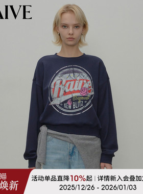 RAIVE冬季新款BOHO玫瑰卫衣女宽松logo做旧效果印花短款圆领上衣