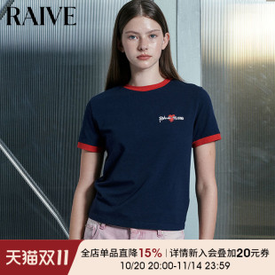 上衣爱心图案简洁T恤 女正肩领口包边撞色短袖 RAIVE2025春季 新款